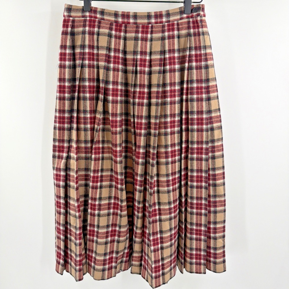 Vtg Pendleton Midi Pleated Wool Skirt Red Plaid  Women's !2 Academia Preppy 90's